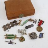 Various jewellery, including fourpence coin bracelet, military badges, jade brooch, butterfly wing
