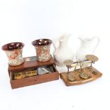 A pair of Doulton Lambeth tapered stoneware vases, a set of brass balance scales and weights etc