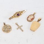 Various gold and unmarked yellow metal jewellery, including 9ct stone set cross pendant, 9ct cameo