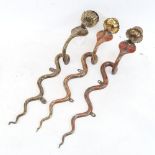 A set of 3 Egyptian enamelled brass King Cobra wall sconces, height 53cm