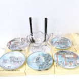 Oriental Collector's plates, Chippendale glass bowl, set of 6 engraved glasses, and a pair of vases