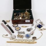 A Japanese Satsuma buckle, Vintage gilt-metal costume jewellery, wristwatches, marcasite brooches