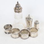 Various silver, including tapered cylindrical pepperette, napkin rings etc, 8.2oz weighable