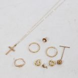 Various gold jewellery, including 9ct hoop earrings, 9ct cross pendant etc, 4g total