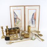 Arts and Crafts brass jardiniere, candlesticks, a pair of Rye Mermaid Street watercolours etc