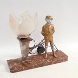 Art Deco lamp on marble stand with spelter boy figure, height 28cm