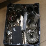 A quantity of plated cutlery, pewter tankards, a silver-mounted vase etc (boxful)