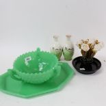 1930s green glass tray, 39cm, fruit bowl, pair of porcelain vases, spray of roses etc