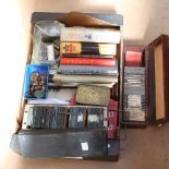 Various collectables, including magic lantern slides, Merry 1914 Christmas tin, military buttons,