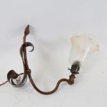 An Art Nouveau copper lamp, with glass shade, 26cm