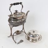 Silver plated spirit kettle on stand, muffin dish etc