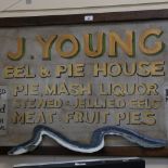 A large handmade shop advertising sign, for J Young Eel and Pie House, 66cm x 130cm