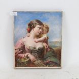 An over-painted print watercolour on card, on wooden mount, depicting a mother and child, 20.5cm x