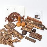 A large quantity of Tunbridge Ware fragments, Tunbridge Ware matches box, treen sewing cases etc
