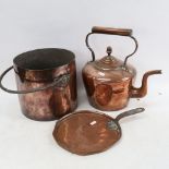 A Victorian copper kettle, height 31.5cm, and a copper pot with swing handle and lid