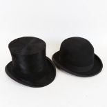 A Vintage black top hat, internal measurements 15.5cm x 19.5cm, and a bowler hat by Bennetts of