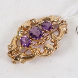 A late 20th century 9ct gold 3-stone amethyst brooch, length 5.5cm, 16.4g