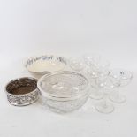 A plated wine coaster, 6 Champagne glasses, and 2 bowls