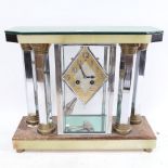 A Continental Art Deco mantel clock, with 4 chrome hexagonal pillars, on marble plinth, height 33.