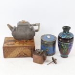 A cloisonne pot and cover, height 8cm, a vase, a Chinese pewter teapot, another, and a Japanese