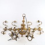 A Vintage brass 5-branch chandelier, and matching set of 4 twin-branch wall sconces, chandelier