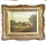 19th/20th century oil on wood panel, harvest scene, unsigned, in ornate gilt-gesso frame, overall