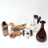 Carved wood duck and owl, carved mouse napkin rings, sculpture etc