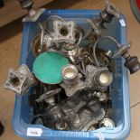 A box of plated pewter ware, to include candelabras, cutlery etc (boxful)