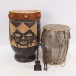 2 African Tribal drums, tallest 36cm, a metal fertility figure, and a Romulus and Remus study