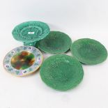 3 Victorian green Majolica plates, and another, and a similar pedestal cake stand, 23cm