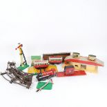 Various Vintage tinplate and other toys, including Hornby Dublo carriages and buildings (boxful)