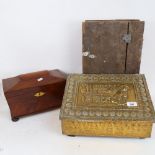 A Regency mahogany dome-top tea caddy, a brass-bound slipper box, and a wine case (3)