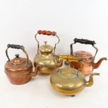 4 Victorian copper and brass tea kettles