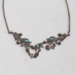 A Continental silver and turquoise necklace, openwork floral decoration, maker's marks EI,