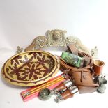Various collectables, including painted pediment, food bowl, woodworking plane, binoculars etc (