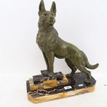 After Louis Albert Carvin, an Art Deco spelter Alsatian sculpture, on geometric stepped veined