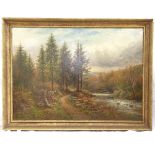 R H Jenkins, oil on canvas, timber workers by a river, framed, overall frame size 76cm x 102cm