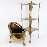 A brass stand with embossed and pierced decoration, height 65cm, and an Antique brass coal bucket