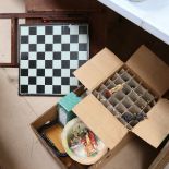 A games table, chessmen and board, shoe trees, Doulton plates etc