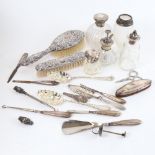 Various silver and plate, including Elizabeth II dressing table brushes, silver-topped jars,