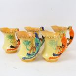 A set of 5 1930s Burleigh Ware jugs, with moulded and painted parrot handles, height 19.5cm