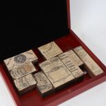 A group of Vintage apothecary copper packaging label printing blocks, including Tonic Syrup and