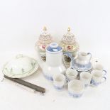 Royal Doulton Cranbourne coffee set, a pair of Dresden urns and covers, Dr Forbes thermometer etc