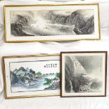 A Chinese watercolour on paper, mountain waterfall with text inscription, overall 48cm x 48cm,
