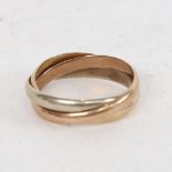 A 9ct gold "Trinity" ring, 3-colour gold bands, 4.8g