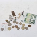 Various coins, 2 Bank of England £1 notes, miniature figures etc