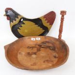 A large carved hardwood food bowl, painted twist stem candlestick etc (3)