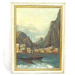 Cartier, mid-century oil on canvas, Continental harbour, image 70cm x 50cm
