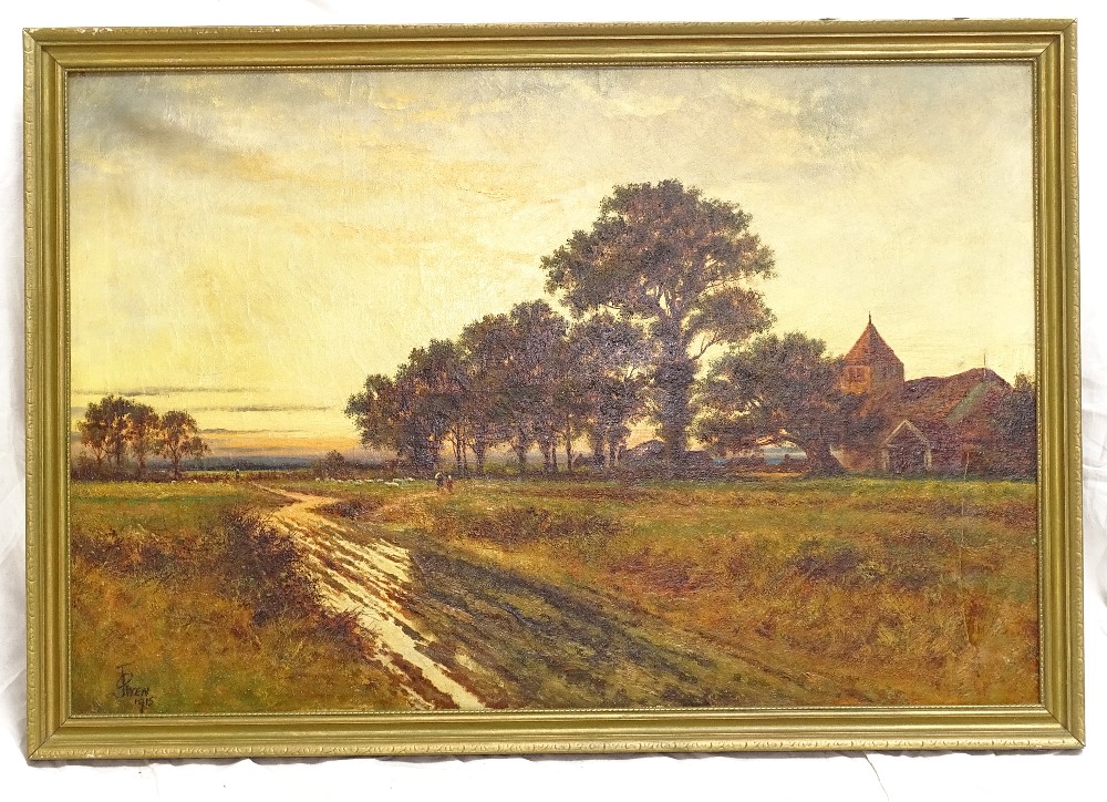 Joel Owen, oil on canvas, sunset landscape 1915, 50cm x 75cm, framed (A/F)