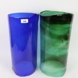 2 large blue and green glass handblown cylinders, largest height 44cm, diameter 20cm (2)